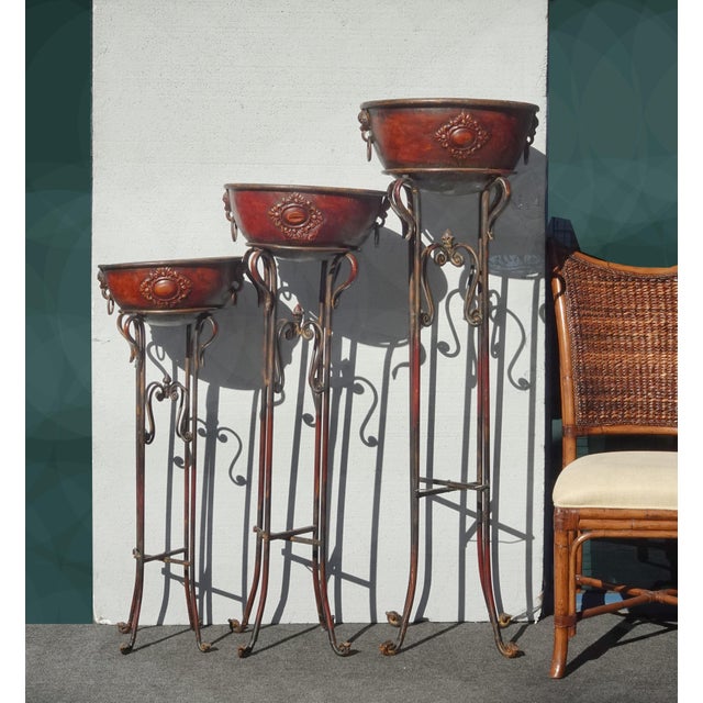 54" Tall Vintage Set of Three Brown Metal Planters Plant Stands With Bowl Trays For Sale In Los Angeles - Image 6 of 7