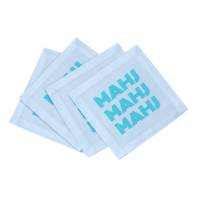 Mahj Mahj Mahj Blue Mahjong Cotton Sateen Cocktail Napkins, Set of 4 For Sale