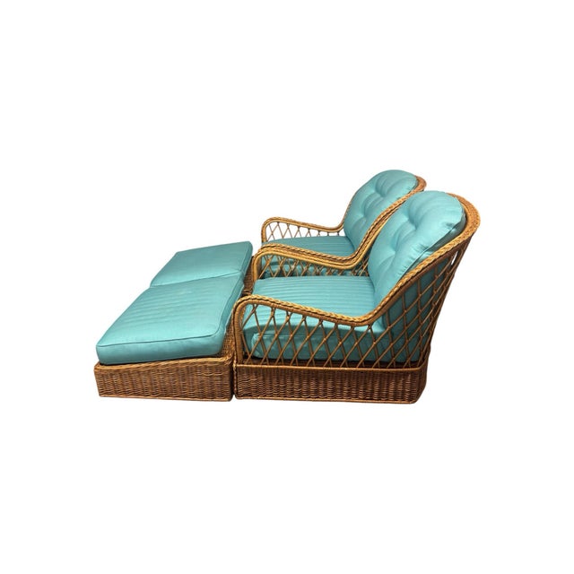 Hollywood Regency 2 McGuire Wicker Chairs With Ottoman For Sale - Image 3 of 10