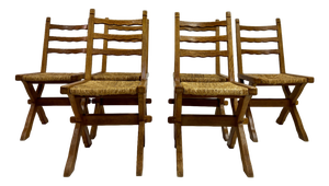 Oak and Rush X-Legged Dining Chairs, 1960s, Set of 6