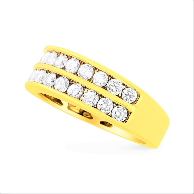 A double row of glittering round cut diamonds adorn this gorgeous ring design. Crafted in polished warm 10k yellow gold,...