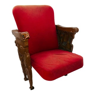 Vintage Cast Iron and Fabric Theater Seat With Figures on Each Side For Sale