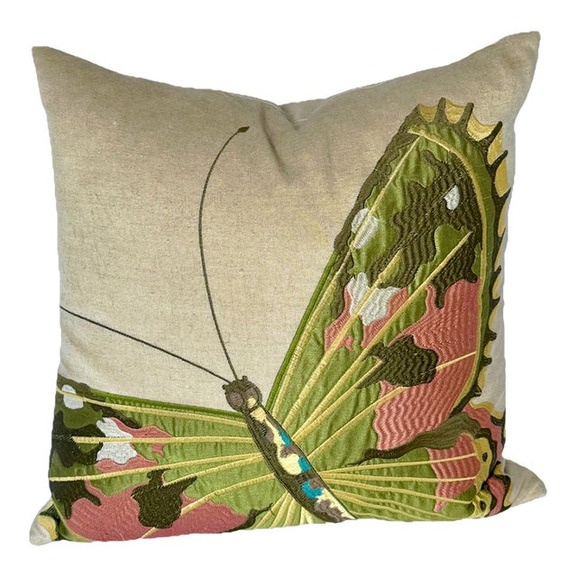 Vintage Silk Embroidered Butterfly Linen Pillow For Sale