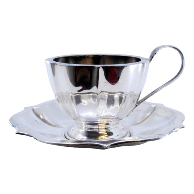 Cup and Saucer in Silver with Ribs and Curved Handle, Set of 2 For Sale