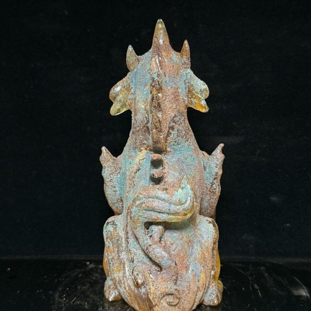 Antique Glass Guardian Lion Sculpture – 7.1" Roaring Mythical Beast With Verdigris Patina For Sale - Image 4 of 9