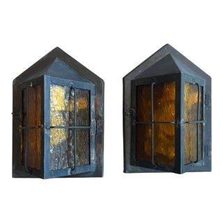 Antique Copper Porch Lights With Original Verdigris Patina and Amber Glass For Sale