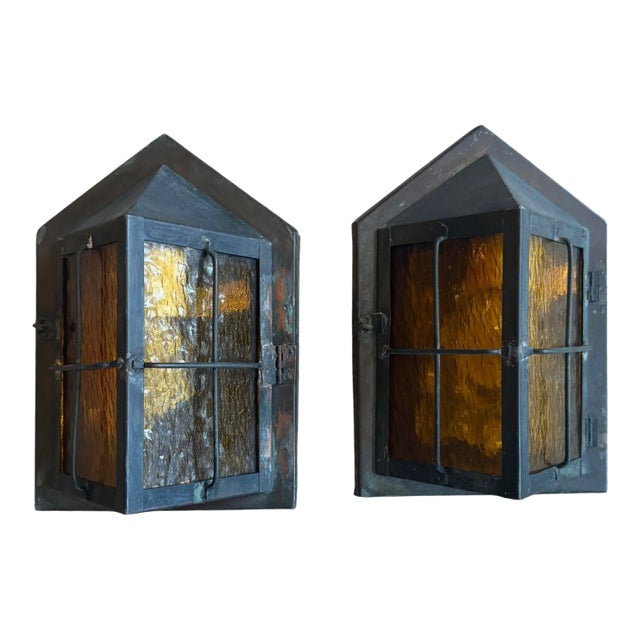 Antique Copper Porch Lights With Original Verdigris Patina and Amber Glass For Sale