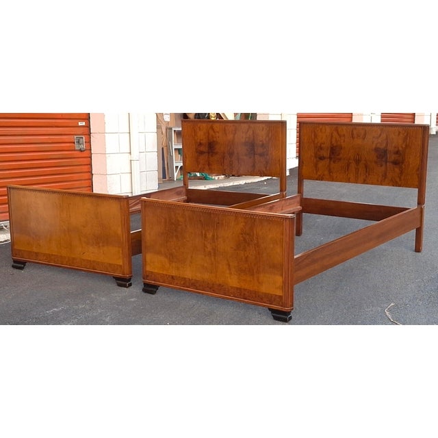 Art Deco Pair Randolph Furniture Arts Deco Acacia and Burl Single Beds, Refinished Circa 1900s For Sale - Image 3 of 15