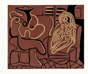 1962 Pablo Picasso Linocut Engraving "Guitar Player and Seated Woman"