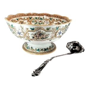 19th Century Furnivals Ironstone Punchbowl and 1835 R Wallace Punch Ladle - Set of 2