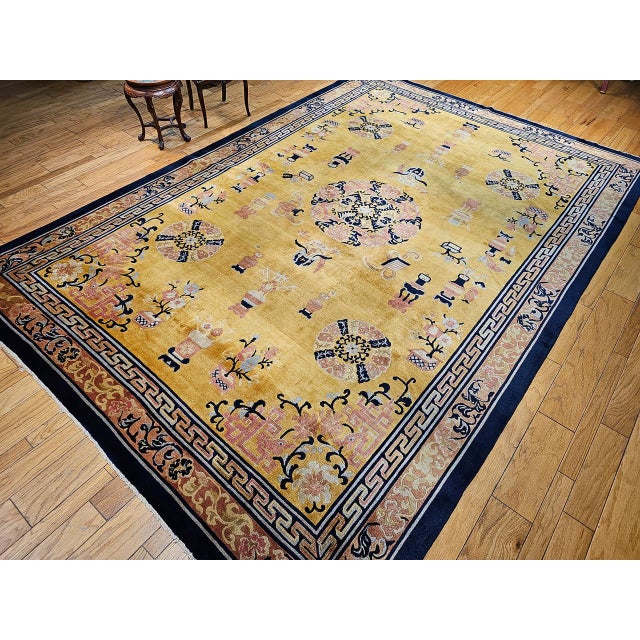 Yellow Antique Art Deco Chinese Rug, Hand-Knotted Wool, Pastel Yellow & Blue, 10x15 For Sale - Image 8 of 18