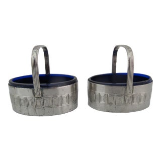 Antique Sterling Silver Cobalt Blue Glass Insert Open Salt Cellar Basket Pair For Sale
