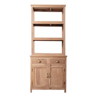 Vintage Natural Wood Shelf Cabinet With Hutch & Open Display For Sale