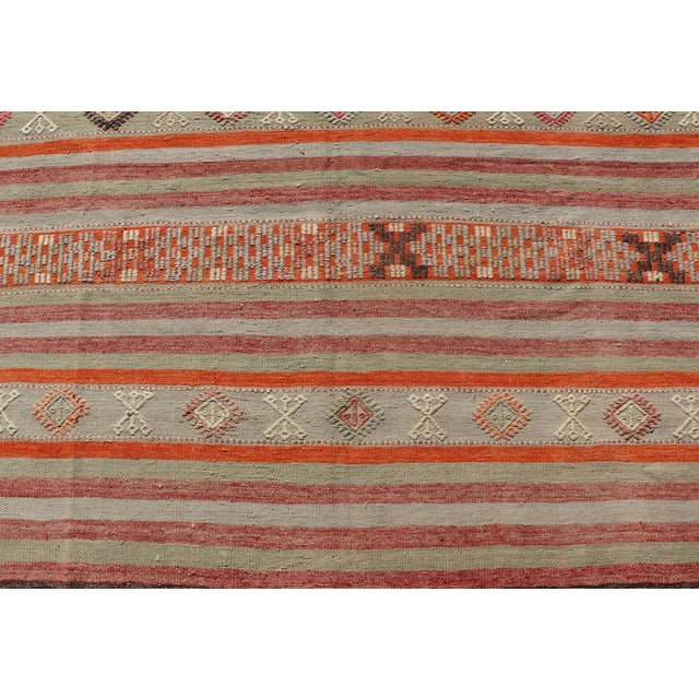 Mid 20th Century Vintage Turkish Kilim With Colorful Stripes in Orange Lt. Green Red & Gray For Sale In Atlanta - Image 6 of 13