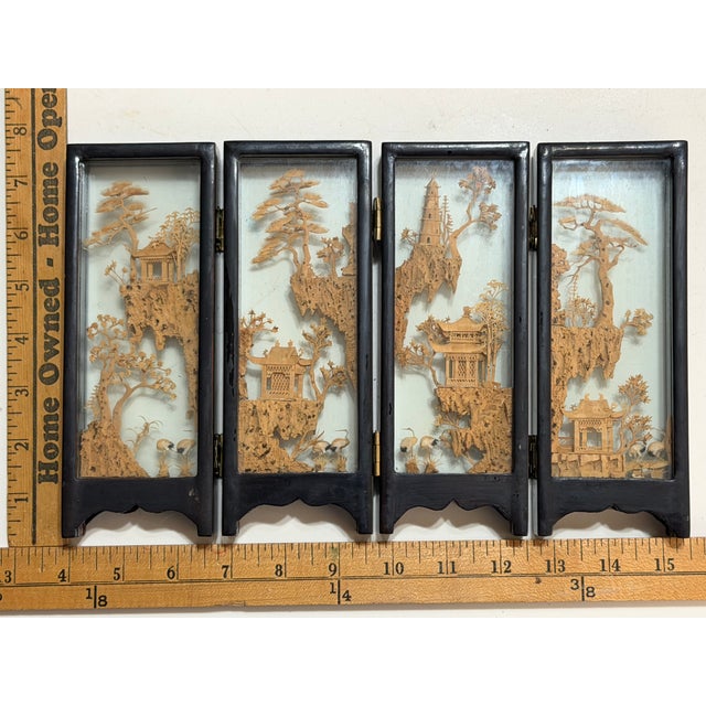 Mid 20th Century Chinese San You Cork Carving Four\-Panel Tabletop Screen** For Sale In Portland, OR - Image 6 of 11