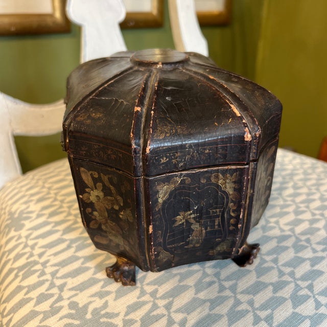 Antique Chinese Export Black Lacquered Heavily Distressed Tea Caddy For Sale - Image 4 of 9