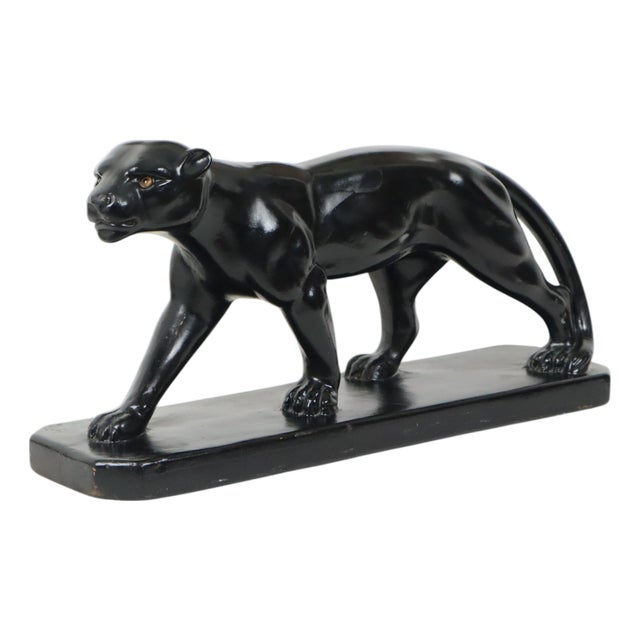 Art Deco French Panther Sculpture in Black Lacquered Plaster, 1920s For Sale
