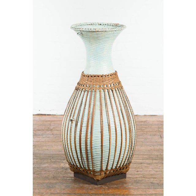 Large Vintage Chinese Woven Rattan Basket of Teal and Natural Color on Base For Sale In New York - Image 6 of 13