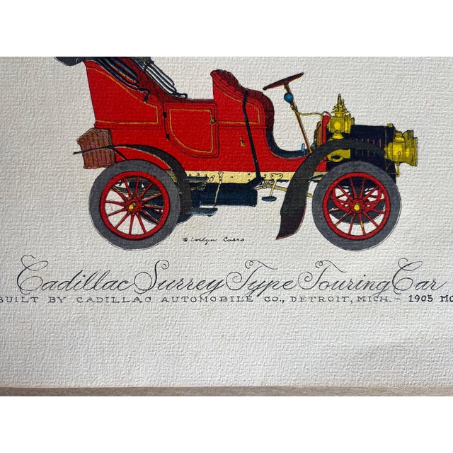 Vintage historical automobile print by Evelyn Cuero depicting the Cadillac Surrey Type Touring Car, a 1905 model produced...
