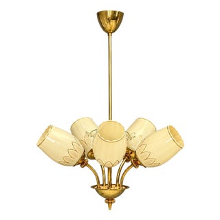 1950s Itsu, Finnish Modern, Snowflake Chandelier, Brass, Glass, Finland For Sale
