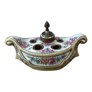 1910s Antique French Rococo Inkwell Faience Ceramic Desvres by Gabriel Fourmaintraux