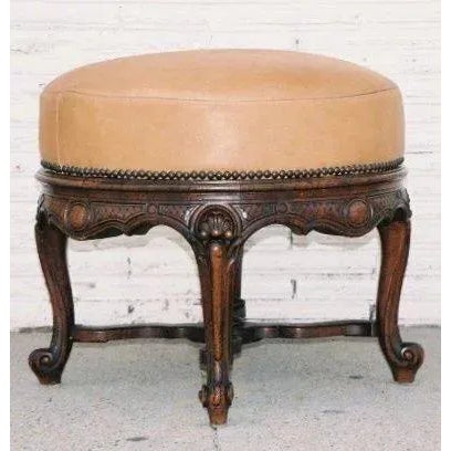 CH 718 French walnut carved round stool with swivel mechanism. Fine quality carving. 1870 22" x 20"