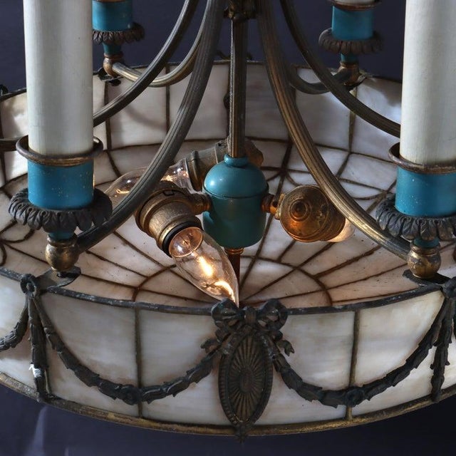 Antique Classical Arts & Crafts Leaded Glass 8-Light Chandelier C1920 For Sale - Image 4 of 8