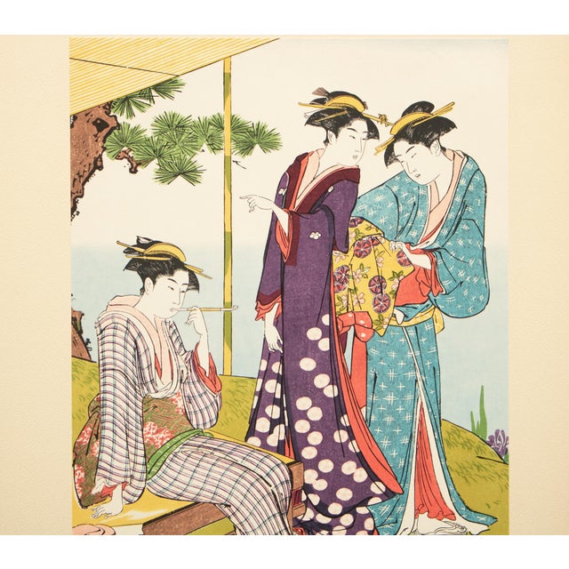 1960s 1964 After Kiyonaga "By the Side of a Pond Where Iris Flowers Bloom", Full-Color Print From Japan For Sale - Image 5 of 12