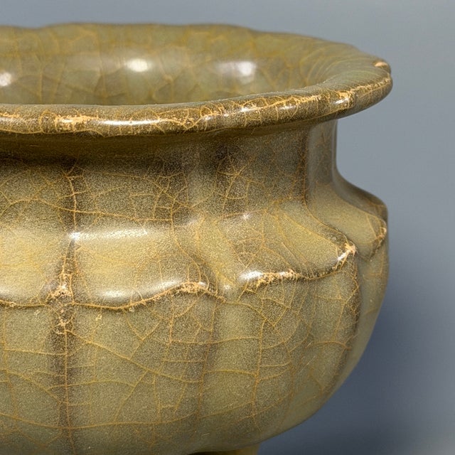 15th Century & Earlier Chinese Celadon Lobed Tripod Vessel, Collectible Crackle‑Glaze Decorative Censer For Sale - Image 5 of 9