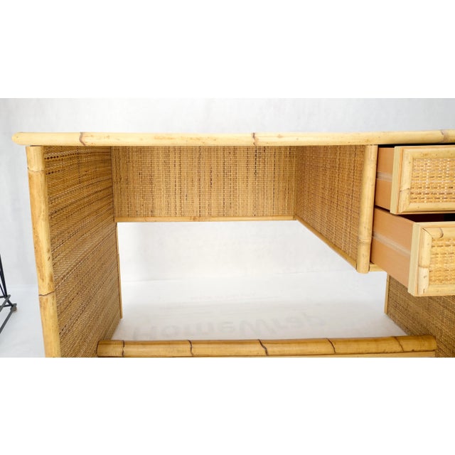 Mid-Century Modern Bamboo Rattan Cane Two Drawers Brass Pulls Decorative Desk MINT.