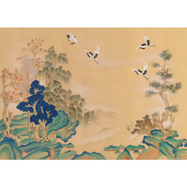 Chinese 36" * H100"/Panel * 5ps, Mustard-Yellow Pine and Crane Wallpaper, Chinese-Style Pine and Crane Wallpaper Mural, 5 Panels For Sale - Image 3 of 6