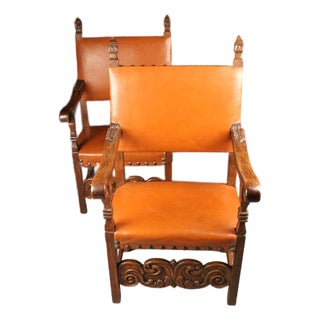 Pair of 19th Century Italian Baronial Style Carved Walnut Armchairs With Leather Upholstery, Circa 1860 For Sale