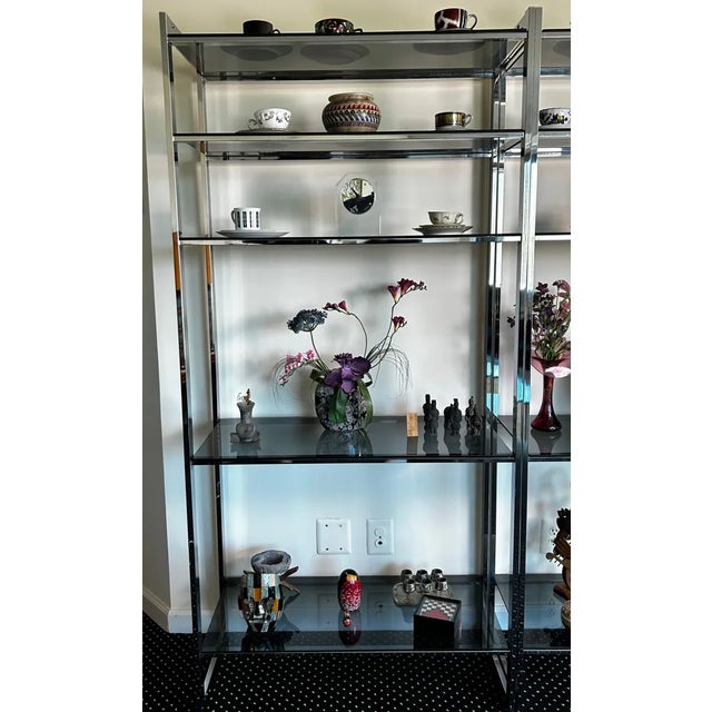 Matched Pair 1970s Chrome & Smoked-Glass Etageres 74″h – Milo Baughman Style – Estate Fresh For Sale - Image 15 of 15