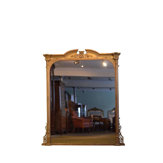 Superb Victorian overmantle giltwood mirror, having original plate with minor imperceptions in gilded frame with reeded...