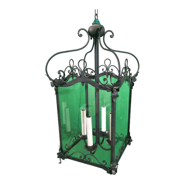 Vintage Italian Square Four Light Wrought Iron Lantern in Rustic Finish For Sale