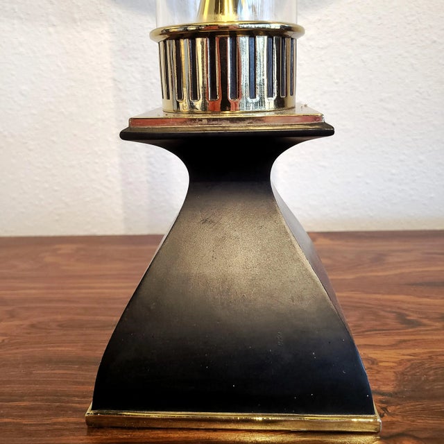 1960s Tubular Glass and Brass Stiffel Style Table Lamp With Lined Shade For Sale - Image 5 of 8