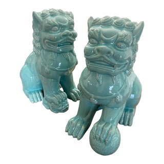 Contemporary Classic Ceramic Fu Dogs in Soft Turquoise Blue Green- a Pair For Sale