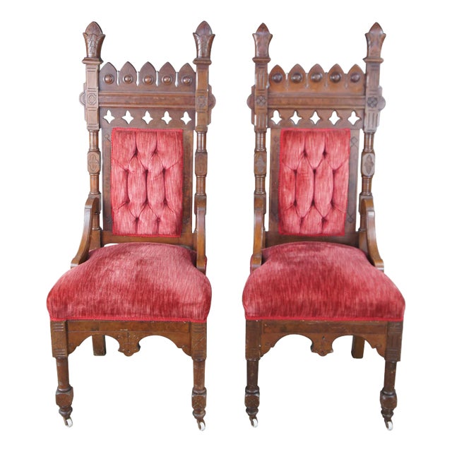 Mid 20th Century 2 Victorian Gothic Revival Walnut Carved Throne Chairs Tufted Red Velour Pair For Sale