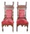 Mid 20th Century 2 Victorian Gothic Revival Walnut Carved Throne Chairs Tufted Red Velour Pair For Sale