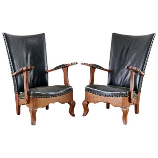 Pair of Spanish Oak and Leather Studded Lounge Chairs For Sale