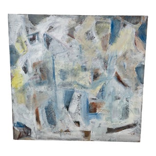 Mid-Century Modern Abstract Expressionist Oil Painting on Canvas in Blues, Signed Norma Flanagan For Sale