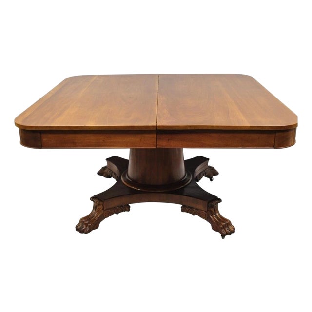 Antique American Empire 54" Square Mahogany Paw Foot Pedestal Base Dining Table For Sale