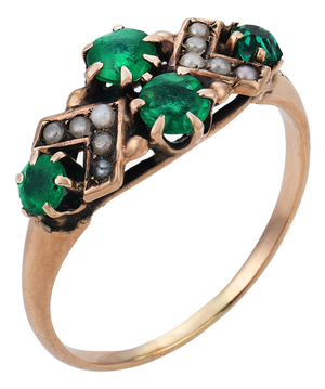 Late 19th Century Victorian Emerald Seed Pearl 14k Yellow Gold Ring, Size 6.75