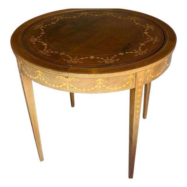Antique Rare English Sheraton Revival Mahogany & Marquetry Circular Pivoting-Center Games Table 19th Century For Sale