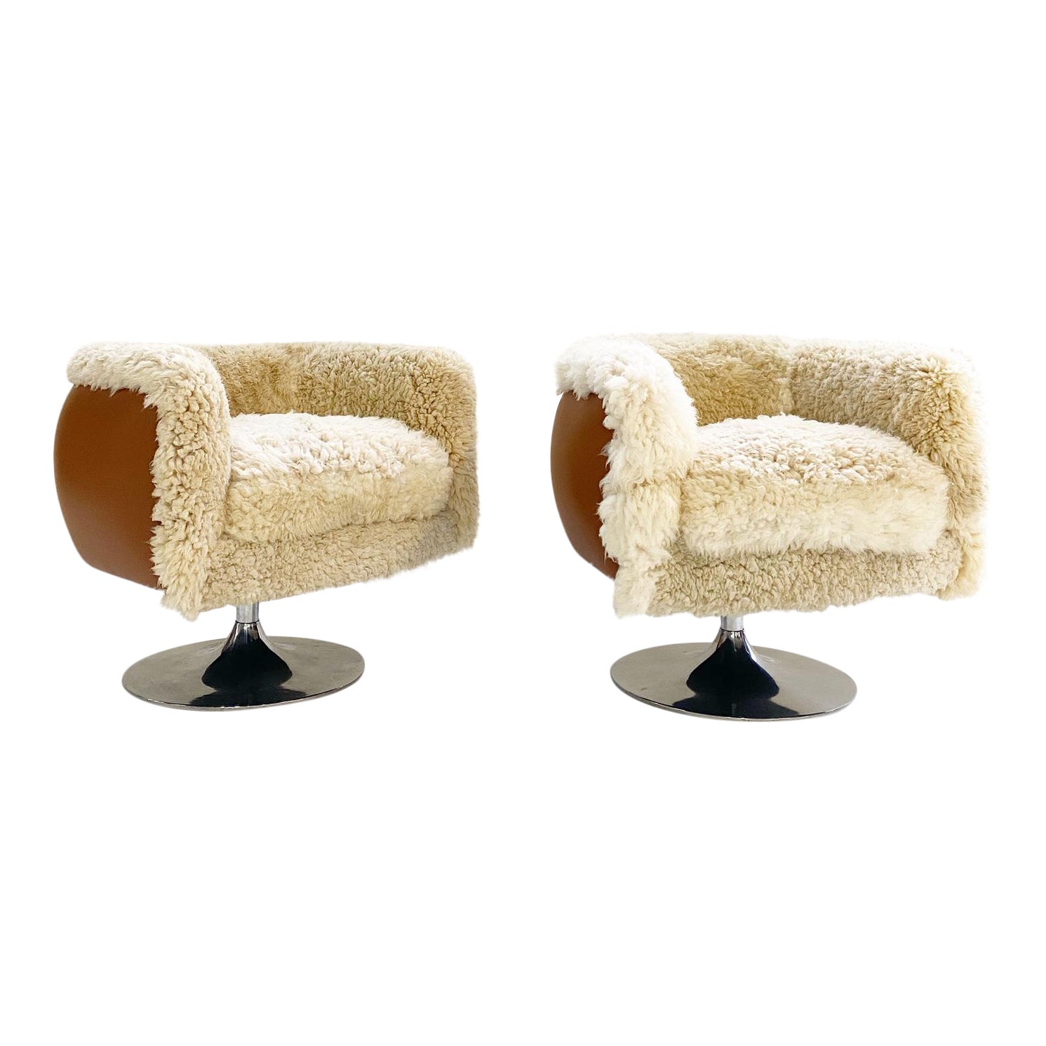 Vintage Knoll Swivel Chairs in California Sheepskin and Loro Piana