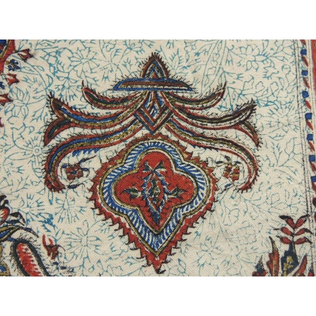 Vintage Red and Blue Paisley Hand-Blocked Cloth with Fringes For Sale In Tampa - Image 6 of 7