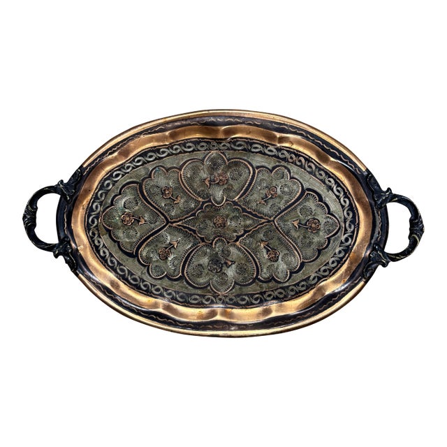 Antique Etched Copper Tray For Sale