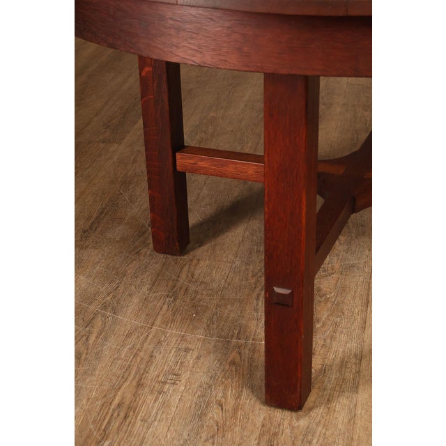 Brown Antique L&JG Stickley Round Extendable Mission Oak Dining Table For Sale - Image 8 of 18