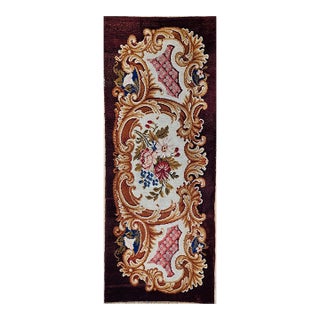 Vintage French Savonnerie Rug, Hand-Knotted Wool, Floral Pattern, Chocolate Brown & Ivory, 3’ X 7' For Sale