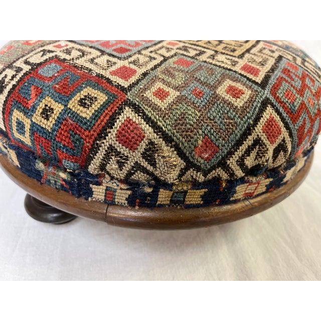 Antique Needlepoint and Wood Round Footstool | Chairish